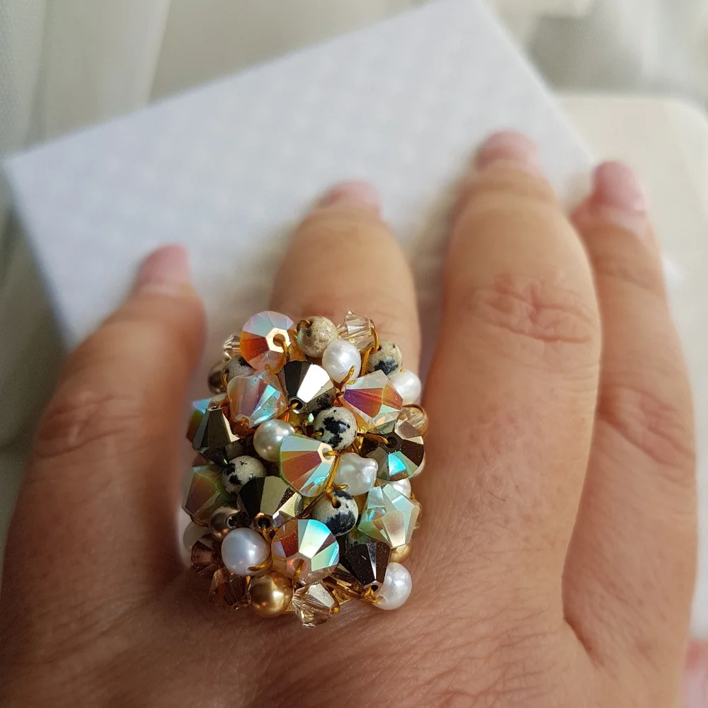 Swarovski Elements Large Dark Brown & Dalmatian Beads Cluster Statement Ring NWT